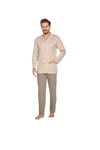 Regina Men's pajamas, classic model, cotton, button-down blouse, straight pants, blue