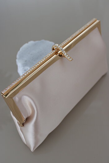 Mimoza Women's Skin Gold Metal Framed Evening Dress Clutch Bag with Stone Detail