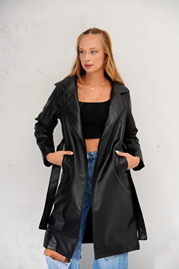 02Lady Fashion Belted Leather Trench Coat