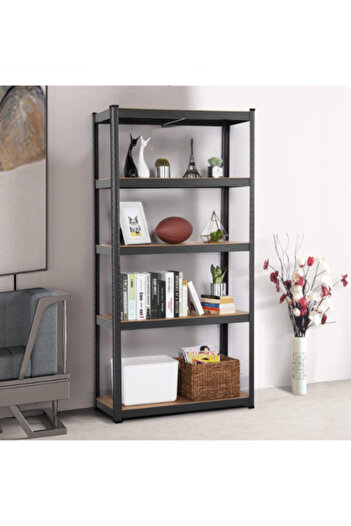 STRATEGIC Black painted metal shelf 5 MDF shelves 200x100x50 cm, 175 kg/shelf, clip-on fastening