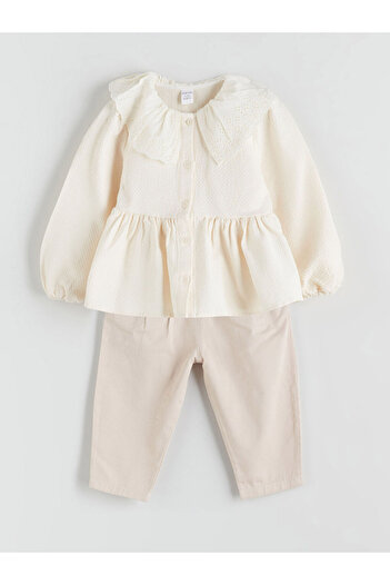 LC Waikiki Beige Baby Collar Baby Girl Blouse and Pants 2-Piece Set