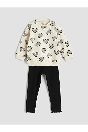 LC Waikiki Ecru Crew Neck Printed Baby Girl Sweatshirt and Leggings 2-Piece