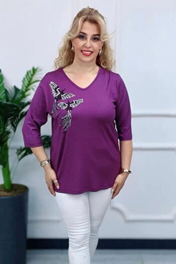 Bİ.GİYSEN Women's Purple Plus Size V-Neck Lycra Bodysuit with Stone Printed Birds on the Chest