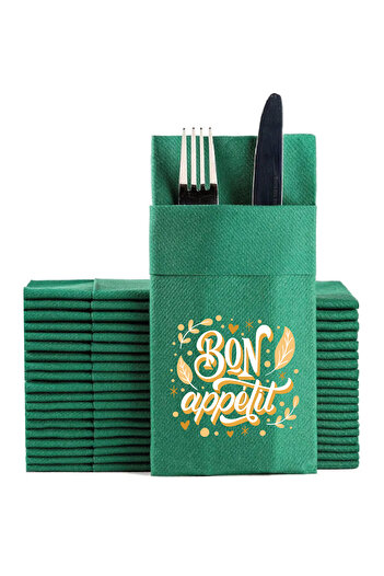 NapkinStore 12 قطعة - مناديل ورقية فاخرة من القماش (أبيض) مطبوعة بعبارة "بون أبيتيت"