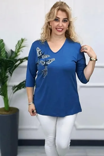 Bİ.GİYSEN Woman's blue large size v-neck chest stone printed birded lycra top