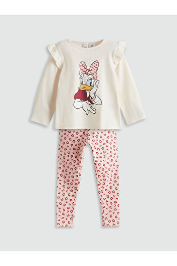 LC Waikiki Beige Crew Neck Daisy Duck Printed Baby Girl T-Shirt and Leggings 2-Piece Set