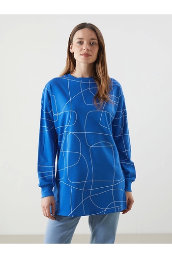 LC Waikiki Lcwaikiki Classic Blue Crew Neck Patterned Oversize Women's Sweatshirt Tunic