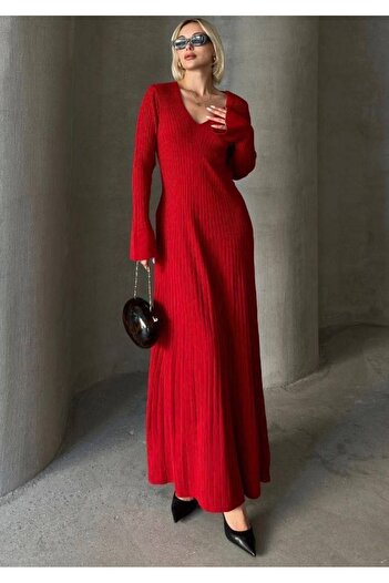 MAXXANA V-Neck Ribbed Knitwear Dress