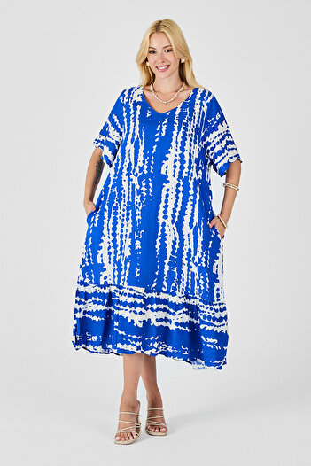 bacc Saks Batik Patterned V-Neck Skirt Flounce Oversize Dress Bcvl-254023