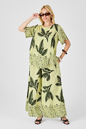 bacc Olive Green Leaf Patterned Oversize Blouse and Wide Leg Pants Set Bcvl-254029