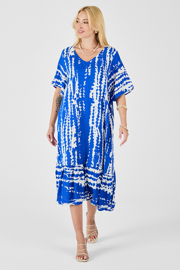 bacc Saks Batik Patterned V-Neck Skirt Flounce Oversize Dress Bcvl-254023