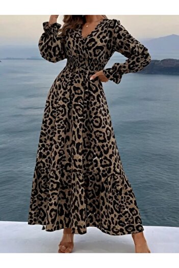Masspera Rochie lungă din jerseu cu mâneci lungi, cu imprimeu leopard, cu decolteu dublu, pentru femei
