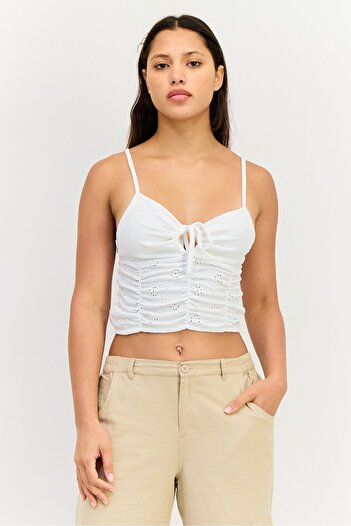 Don't Call Me Jennyfer Women V-Neck Sleeveless Textured Crop Top, White