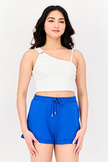 Don't Call Me Jennyfer Women Asymmetrical Neckline Sleeveless Ribbed Crop Tank Top, White