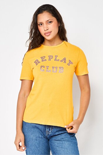 Replay Women Round Neck Short Sleeves Brand Logo T-Shirt, Yellow