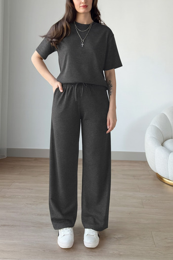 ruNadeS Women's Anthracite Melange Short Sleeve Summer Two Thread Casual Palazzo Leg Tracksuit Set