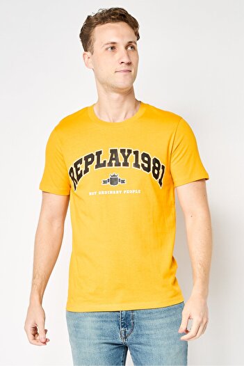 Replay Men Crew Neck Short Sleeve Brand Logo T-Shirt, Golden Yellow
