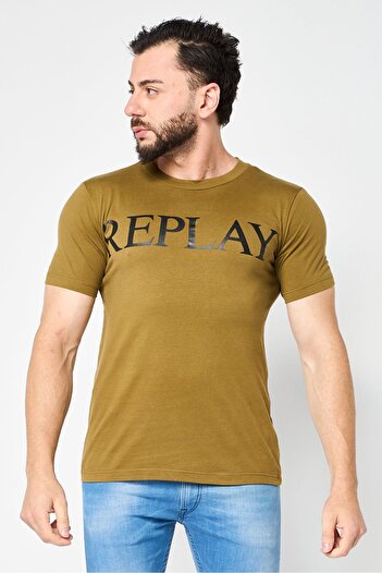 Replay Men Crew Neck Short Sleeves Brand Logo T-Shirt, Dark Olive