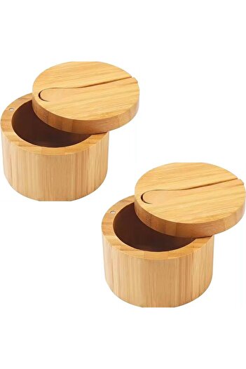 erorex 2 Pcs Bamboo Salt Cellar Spice Box Magnetic Swivel Lid & Spoon, Bamboo Storage Box Salt Container