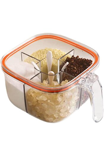 erorex Clear Seasoning Box, 4 Compartments Sealed Seasoning Box Lid, Seasoning Box Cover Serving Spoons,