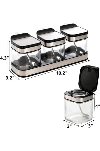 erorex 3 Pack Glass Seasoning Box Tray, Clear Condiment Canister 18/10 Stainless Steel Lid Spoon, Kitchen