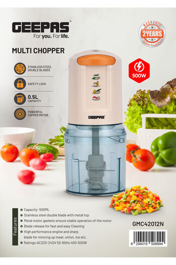 Geepas 0.5 liter Multi Chopper- GMC42012/ 500 W, Compact Multi-Purpose Chopping Machine