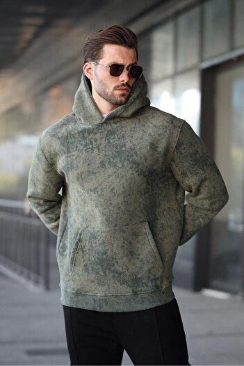 Madmext Khaki Patterned Hooded Men's Sweatshirt E7167