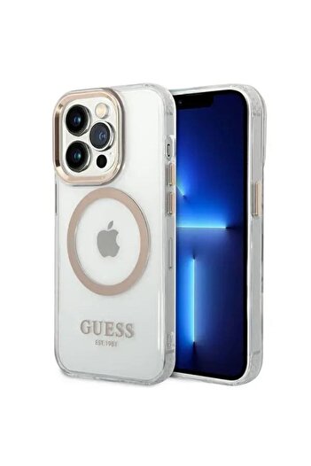 Guess Gold Outline MagSafe Case for iPhone 14 Pro Max Transparent