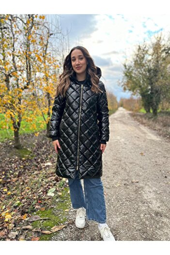 DUBLİNO KİDS Women's Black Hooded Inside Special Fabric Lined Waterproof and Windproof Glossy Long down Coat