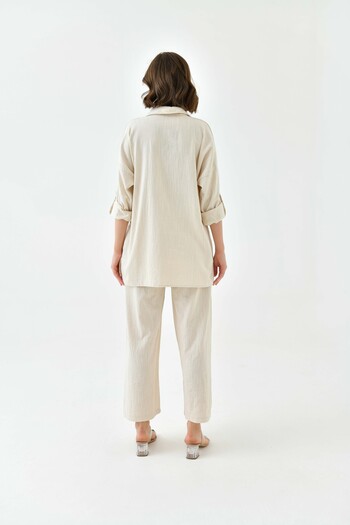 MVStore Women's Sequin Embroidery Stone Embroidered Flam Linen Shirt and Pants Set