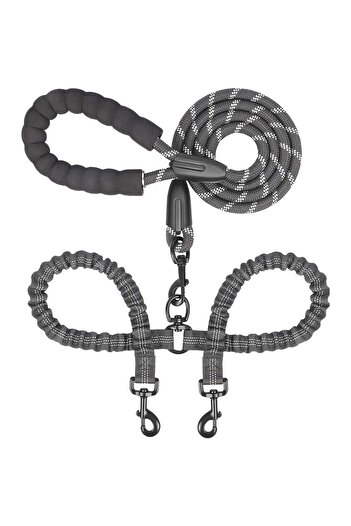 Elindor Lesă dublă pentru câini, rotație 360°, amortizare șocuri, pentru 2 câini, L 11-68 kg, neagră