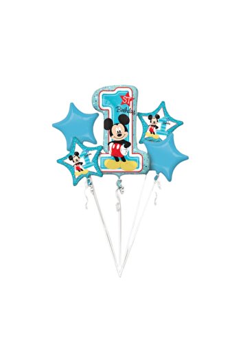 Mickey Mouse Buchet 5 baloane, 1St Birthday, albastru, Mickey Mouse