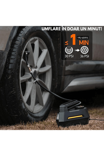 Elindor Compresor auto portabil 12V DC, manometru digital, 100 PSI, 6,9 bar, cu lumină LED de urgență