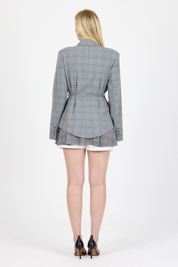 Eco Sense Gray Slim Check Pattern Belt and Waistband Detail Women's Suit - Blazer and Skirt Shorts