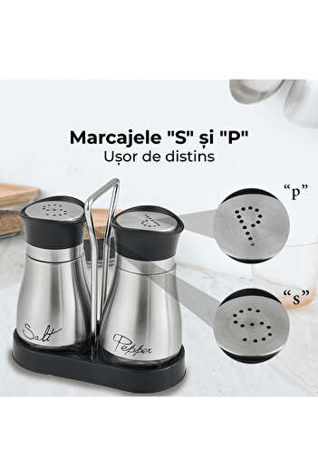 Elindor Set de 2 solnițe și pipernițe, oțel inoxidabil și sticlă transparentă, 115 ml, argintiu