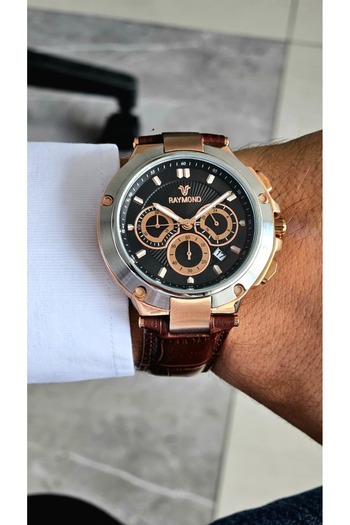 Raymond Rym-83003 Quartz Men's Wristwatch - Japanese Mechanism - Steel Case and Leather Strap - 2 Year Warranty