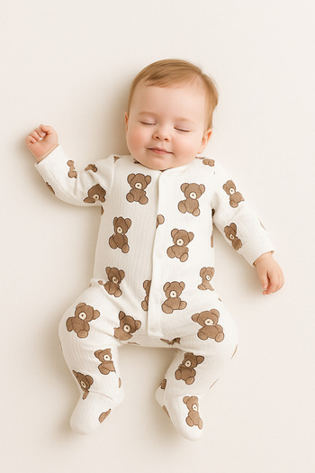 mini mia Teddy Bear Patterned Fabric Baby Romper – Soft and Comfortable