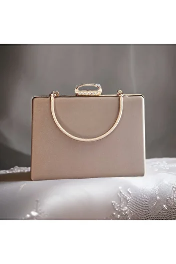 Telli Art Evening Dress Bag - Gold Beige, Gold Detailed, with Chain, 15×22 cm