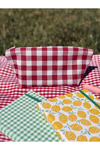 MEKİK BUTİK Red Gingham Eco-Friendly Washable Zippered Tissue Pen Case / Makeup Bag