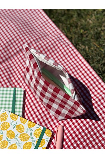 MEKİK BUTİK Red Gingham Eco-Friendly Washable Zippered Tissue Pen Case / Makeup Bag
