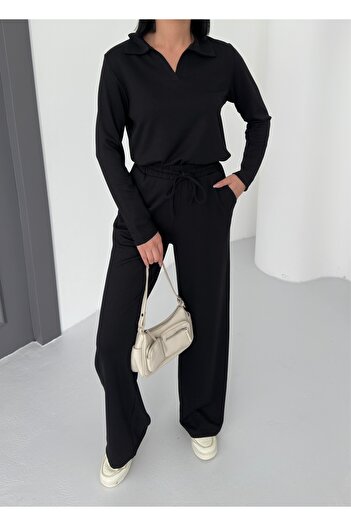 BEJNA Women's Black Modal Polo Neck Long Sleeve Soft Touch Sports Set