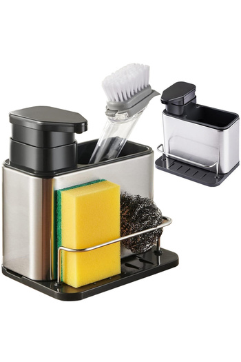 zola 3 in 1 kitchen dispenser liquid detergent, 340 ml, brush + sponge space, stainless steel/plastic, 19x18x13 cm