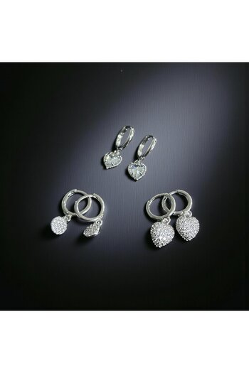 BRZ COLLECTION 3-Piece Stainless Steel Charm Hoop Earrings - Heart, Drop & Round |   Silver Color