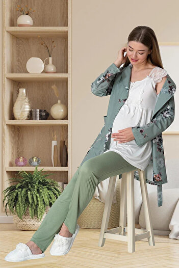 Mollycrush Women's Maternity Pajama Set with Dressing Gown 5804