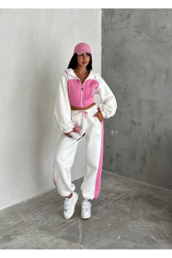 By Kuzey Aras Women's 2-Color Design Three-Thread Ribbed Fabric Loose Suit