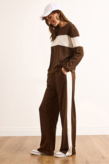 Olalook Women's Brown Modal Color Block Tracksuit Set Etkm-0000084