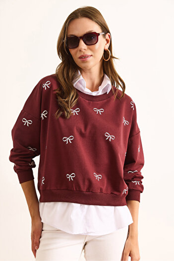 Olalook Women's Burgundy White Bow Printed Collar Skirt Shirt Detailed Oversize Sweatshirt Swt-19000730