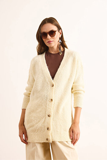 Olalook Women's Ecru 5 Button Soft Textured Thick Long Cardigan Hrk-19000375