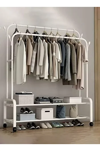 Cady One Metal Clothes Hanger Organizer and White Clothes Rack with Wheels 110x55x150 cm
