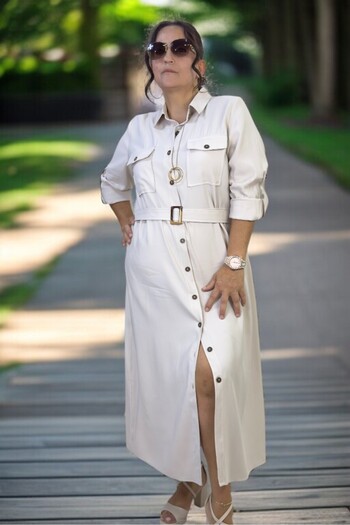 yagmurberen Boydan Buttoned Belt Double Chest Pocket Folding Sleeve Detail Cupro Fabric Plus Size Dress
